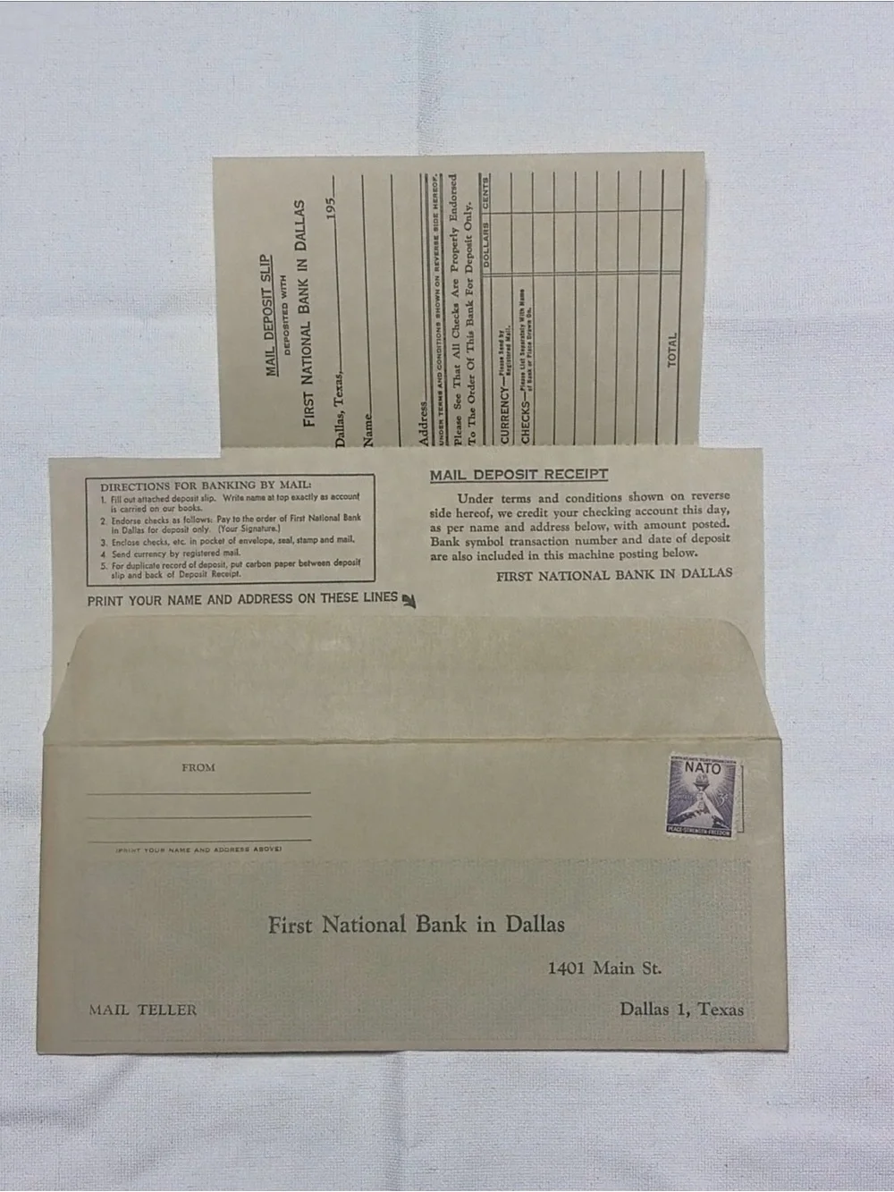 Vintage First National Bank Dallas Mail Deposit Envelope NATO 3¢ Stamp 1952